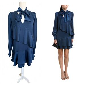 Parker Navy Blue Satin Mini Dress XS Tie Neck Long Sleeve Cascading Ruffle Hem